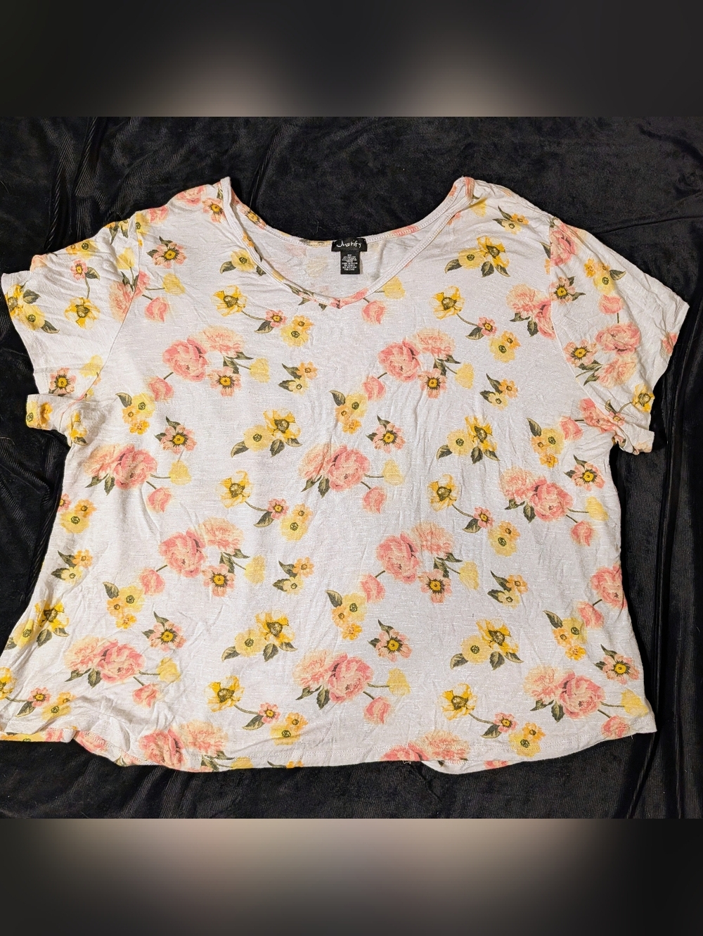 Justify White V-Neck Tee with Pink & Yellow Floral Print